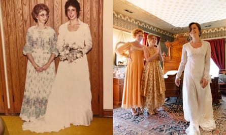 side  by side pictures: the first is an old picture of two women wearing long dresses, the second is a woman in a long white dress, with two women in orange behind her, in a grand room