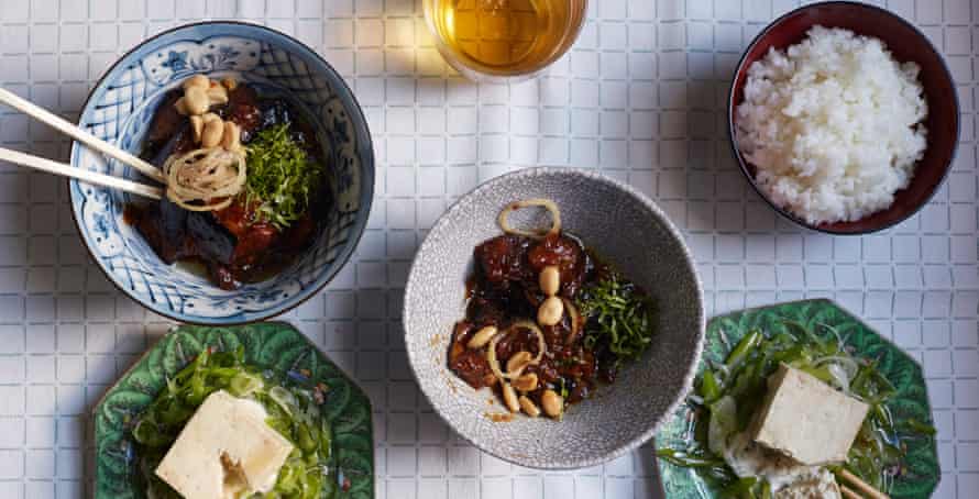 Braised eggplant with crispy shallots.