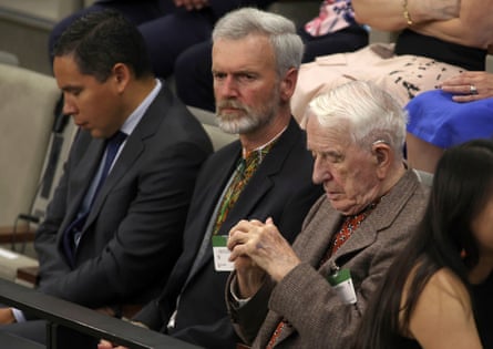 Yaroslav Hunka waits for the arrival of the Ukrainian president, Volodymyr Zelenskiy, in the House of Commons in Canada.