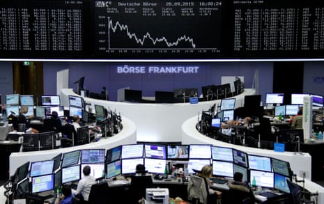 The DAX board at the Frankfurt stock exchange today.<br>Traders are pictured at their desks in front of the DAX board at the stock exchange in Frankfurt, Germany, September 28, 2015. REUTERS/Staff/remote