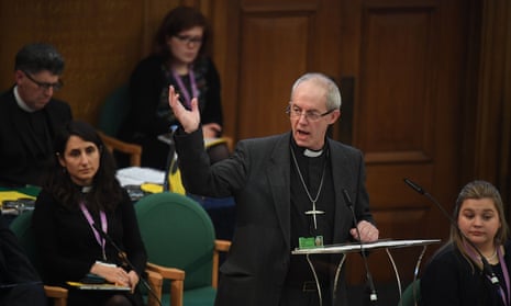 Justin Welby, the archbishop of Canterbury,  addresses the General Synod at Church House in London