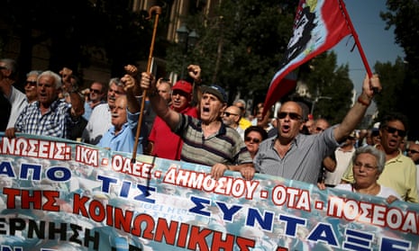 Greek pensioners shout slogans during a demonstration against planned pension cuts in Athens in October.