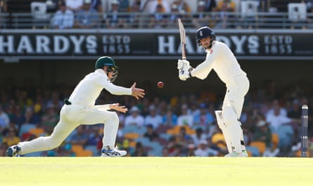 England’s James Vince hits a shot past Australia’s Cameron Bancroft during day one of the 2017-18 Ashes Test in Brisbane