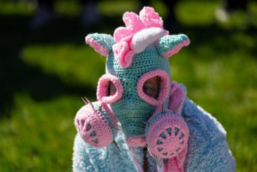 Washington DC, USA demonstrator wearing a crocheted mask