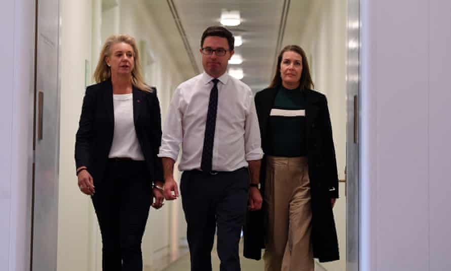 Nationals leader David Littleproud (centre) and the party’s newly elected Senate leader Bridget McKenzie (left) and deputy leader Perin Davey (right) in Canberra on Monday.