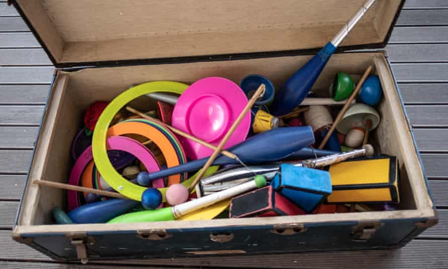 Equipment used in magical and circus tricks lies in a box at the College of Magic.