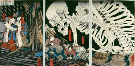 Takiyasha the Witch and the Skeleton Spectre, an 1844 triptych of woodblock prints by Kuniyoshi Utagawa. It shows Takiyasha, daughter of Masakado, summonings a skeleton spectre to frighten Mitsukuni