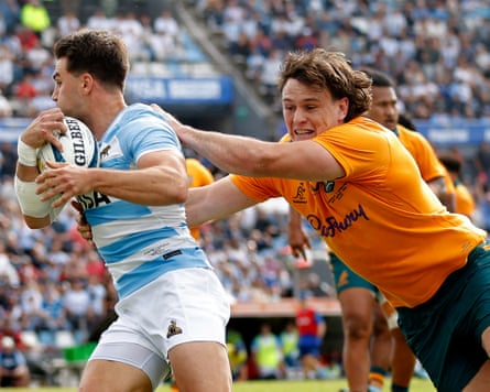 Wallabies flanker Fraser McReight tackles Argentina full-back Geronimo Prisciantelli in San Salvador de Jujuy