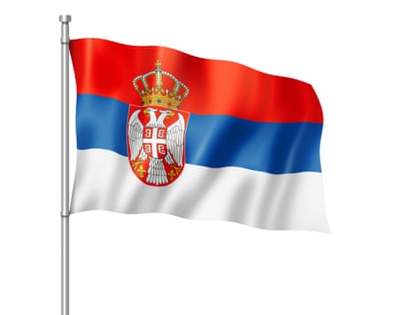 A flag consisting of three broad horizontal stripes, of red, blue and white, with a gold white and red lesser coat of arms left of centre