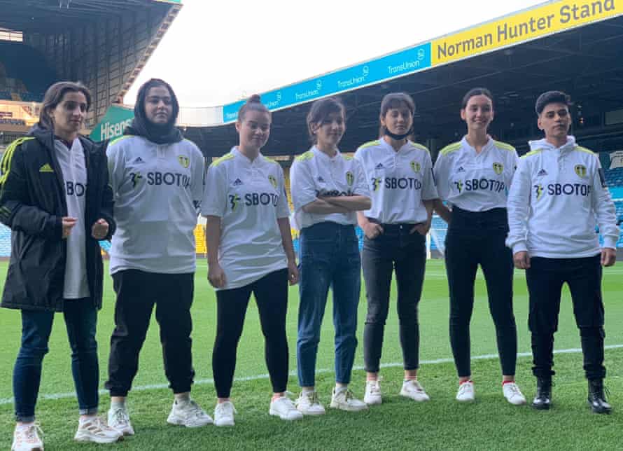 Members of Afghanistan's women's development team at Leeds United's Elland Road Stadium.