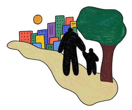 illustration of parent and child walking down city block