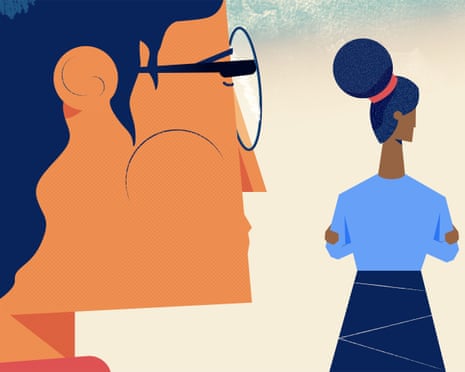 An illustration of a person looking at a woman who is turned away with her arms folded