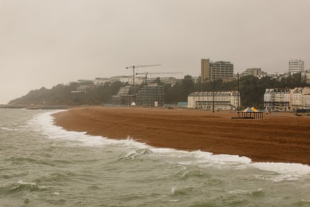 Folkestone beach viewed from Folkestone Harbour, Kent.