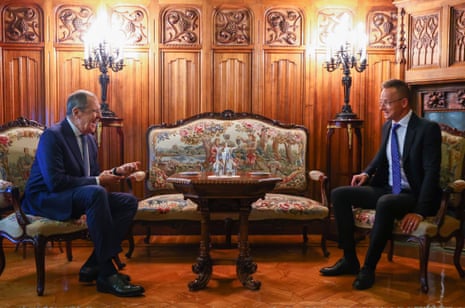 Russian foreign minister Sergei Lavrov (L) and Hungarian foreign and trade minister Péter Szijjártó (R) during a meeting in Moscow, Russia in July 2022, four months after Russian invasion of Ukraine.