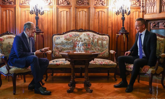 Russian Foreign Minister Sergei Lavrov (L) and Hungarian Foreign and Trade Minister Peter Szijjarto (R) during a meeting in Moscow, Russia, 21 July 2022.