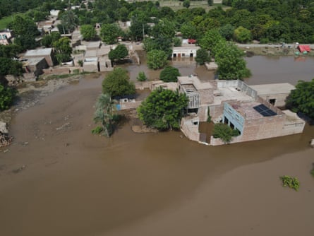 A view of houses partially submerged in flood waters as the Chenab River rises in Muzaffargarh district, Punjab province, Pakistan, 04 September 2025.