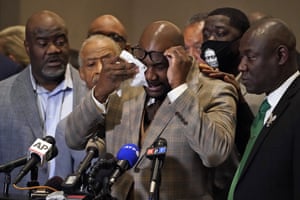 George Floyd’s brother Philonise Floyd wipes his eyes during a news conference after the guilty verdict was read in the trial of former Minneapolis police officer Derek Chauvin for the murder of George Floyd.