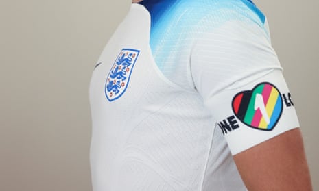 A photo of England's Harry Kane wearing a OneLove captain's armband.