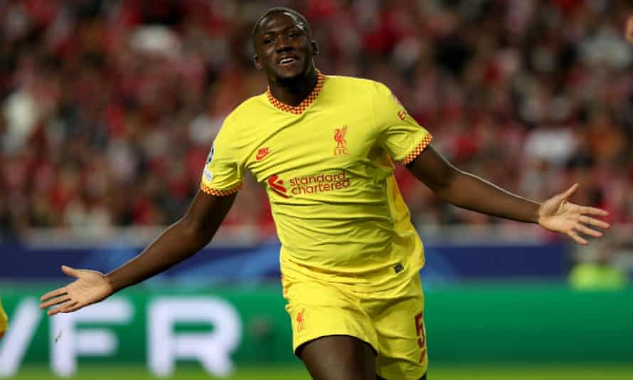 Ibrahima Konaté celebrates giving Liverpool the lead.