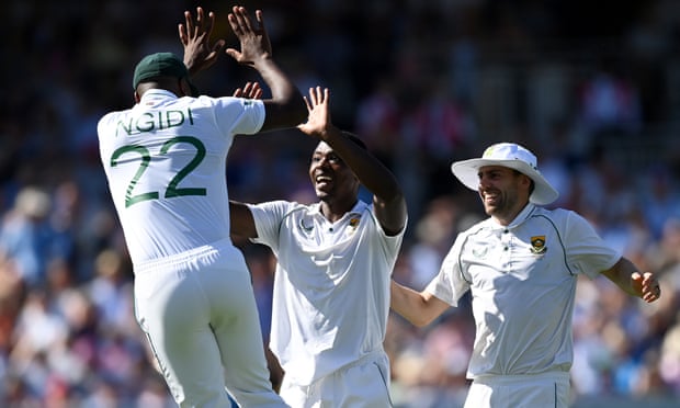 Kagiso Rabada of South Africa celebrates after dismissing England captain Ben Stokes during day three of the Test match