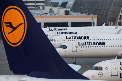Lufthansa planes lined up at Frankfurt airport, Germany, on 7 March 2024.