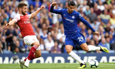 Álvaro Morata outfoxes Arsenal’s defence to score his side’s second goal in the 3-2 victory over Arsenal at Stamford Bridge.