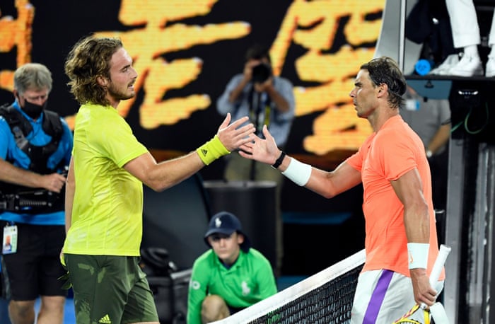 Tsitsipas shakes hands with Nadal after winning his quarter final.