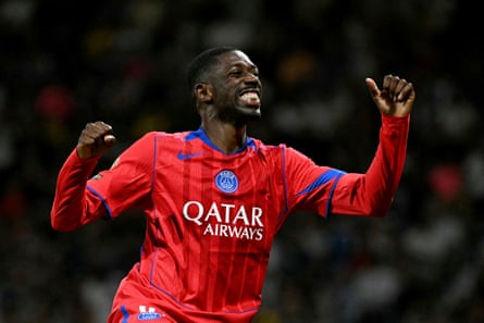 Ousmane Dembélé celebrates scoring his team’s fourth goal in the 6-3 defeat of Toulouse.