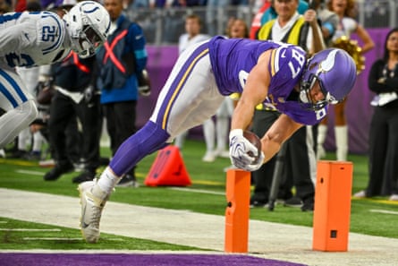 Minnesota Vikings tight end TJ Hockenson dives into the endzone for a touchdown against the Indianapolis Colts last weekend