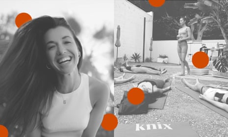 A composite of two black-and-white images overlaid with six decorative, graphic orange dots. On the left is a young white woman with long curly hair laughing, and on the right the same woman (it appears) stands on a grassy lawn near a high white wall, as if in a fancy private residence, in the middle of other women lying on their backs on yoga mats.