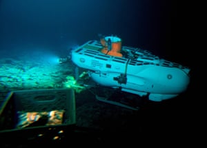 The Pisces IV submersible sits on the summit of Cook seamount, as seen from the Pisces V craft, during a dive to the previously unexplored underwater volcano off the coast of Hawaii’s Big Island.