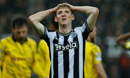 Anthony Gordon looks dejected after Newcastle’s frustrating defeat