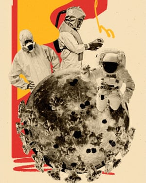 Composite illustration of a Covid particle with people around it in protective suits