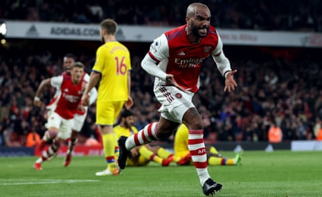 lexandre Lacazette races away to celebrate a dramatic equaliser for Arsenal in the last minute.