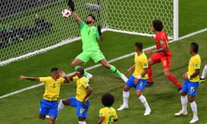 The ball deflects past Alisson off Fernandinho (No17) to give Belgium the lead.