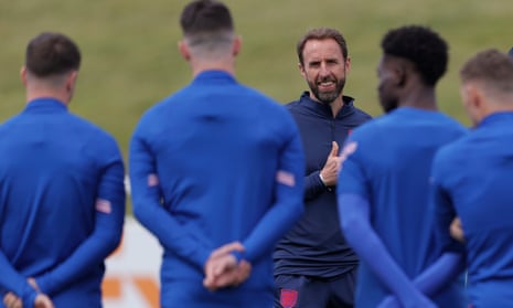 Gareth Southgate talks to England’s players during a Euro 2020 training session at St George’s Park.