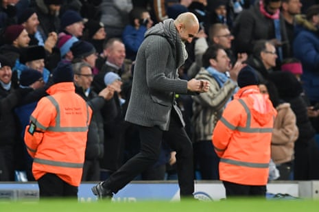 Manchester City’s manager Pep Guardiola reacts on the touchline after the third goal