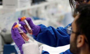 Scientists look at test tubes containing stem cells at the GSK research centre in Stevenage.
