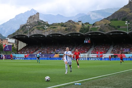 Norway v Finland is overlooked by the Haut de Cry mountain and the Basilique de Valere