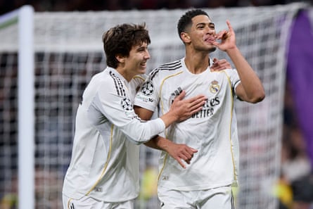 Jude Bellingham celebrates after scoring Real Madrid’s sixth goal against Monaco.