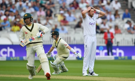 Ollie Robinson reacts after Steve Smith adds late runs at Lord’s.