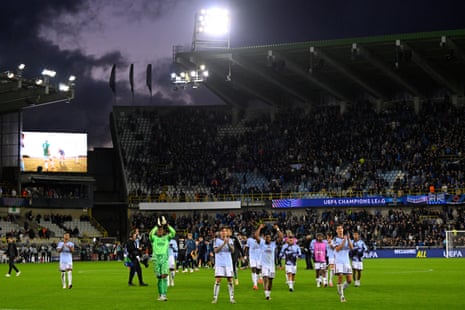 Aston Villa's players celebrate after winning their opening Champions League game at Brugge.