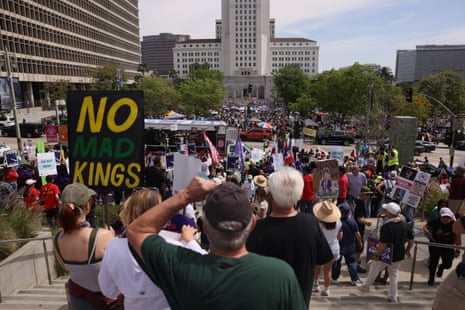Protestors gather in front of Los Angeles City Hall during the
