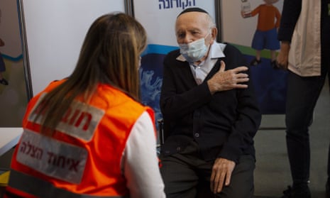 A 92-year-old man prepares to be vaccinated at a sports arena in Jerusalem on 21 January.