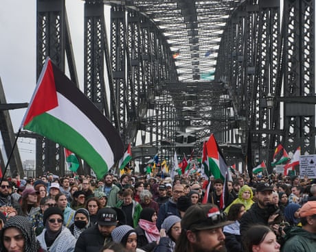 Pro-Palestine protesters cross the Sydney Harbour Bridge on Sunday
