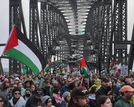 Pro-Palestine protesters during the Palestine Action Group’s march on the Sydney Harbour Bridge in August