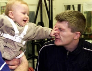 Ricky Hatton takes a left from his young son Campbell at his gym in Hyde during training three days before his WBU world light-welterweight title fight with Justin Rowsell in December 2001. Campbell went on to become a boxer himself with a 14-2 record before retiring in July 2025