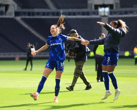 Tottenham Hotspur v Chelsea - Barclays Women's Super League - Tottenham Hotspur Stadium<br>Chelsea's Nathalie Bjorn (left) and Catarina Macario celebrate after the Barclays Women's Super League match at the Tottenham Hotspur Stadium, London. Picture date: Sunday May 4, 2025. PA Photo. See PA story SOCCER Tottenham Women. Photo credit should read: Nigel French/PA Wire.
RESTRICTIONS: Use subject to restrictions. Editorial use only, no commercial use without prior consent from rights holder.