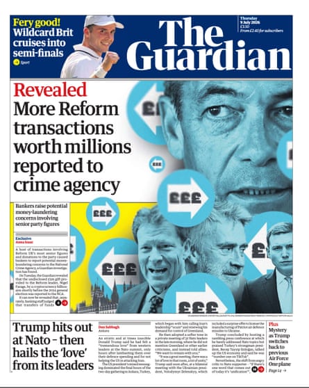 The front page of the Guardian newspaper on 9 July 2026.