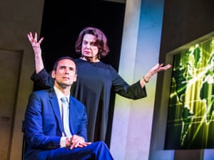 Ann Mitchell (Ayn Rand) and Steve John Shepherd (Gideon) in Ayn Rand Takes A Stand by David Hare from A View From Islington North at Arts Theatre. Directed by Max Stafford-Clark, 2016.
